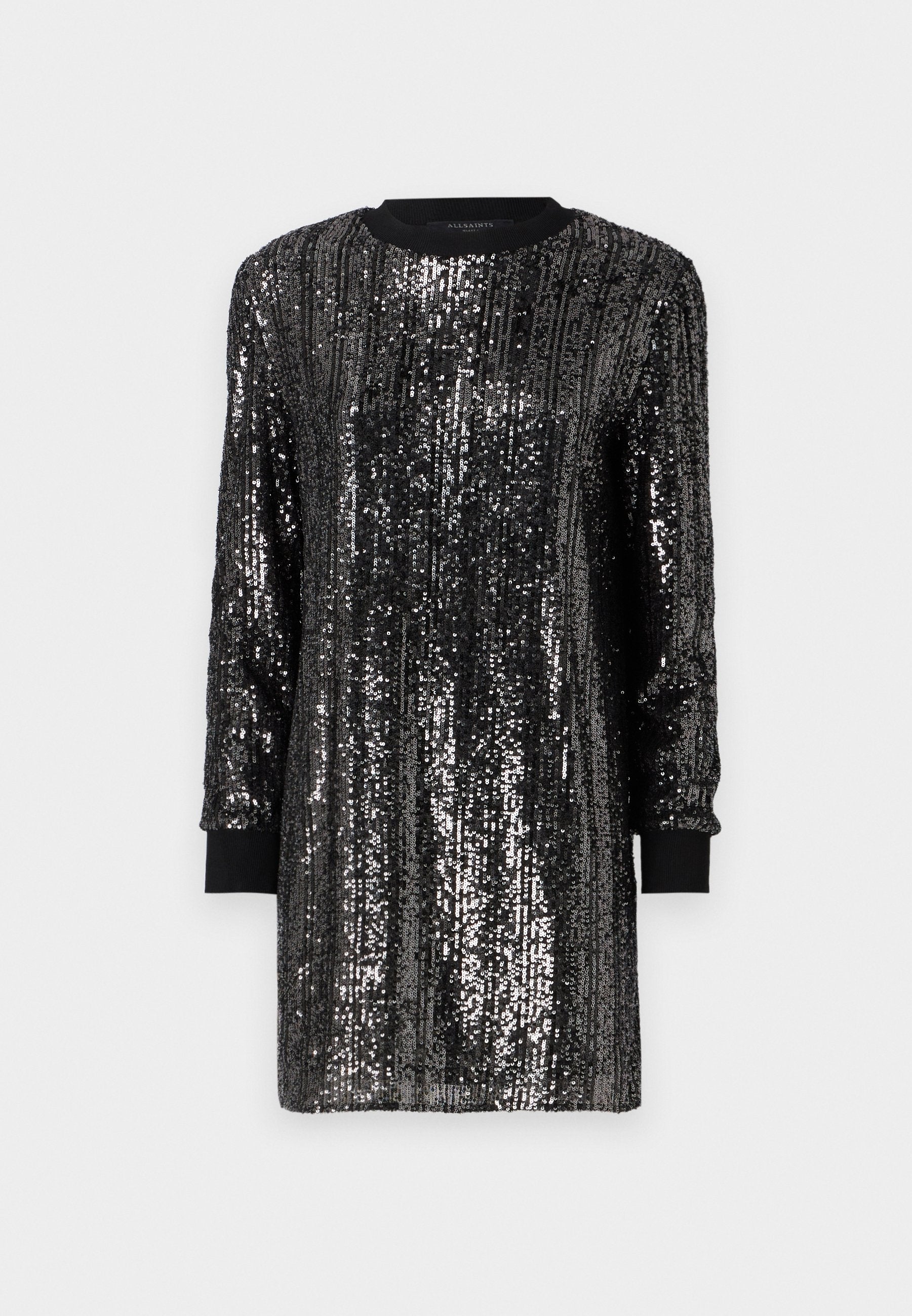 Schwarzes Pailletten-Kleid mit langen Ärmeln, rundem Ausschnitt und kontrastierenden schwarzen Manschetten. Verfügt über vertikale Paillettenmuster für Textur.
