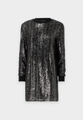 Schwarzes Pailletten-Kleid mit langen Ärmeln, rundem Ausschnitt und kontrastierenden schwarzen Manschetten. Verfügt über vertikale Paillettenmuster für Textur.