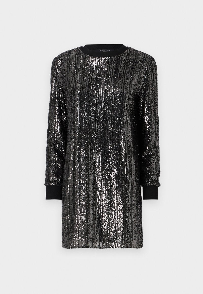 Schwarzes Pailletten-Kleid mit langen Ärmeln, rundem Ausschnitt und kontrastierenden schwarzen Manschetten. Verfügt über vertikale Paillettenmuster für Textur.