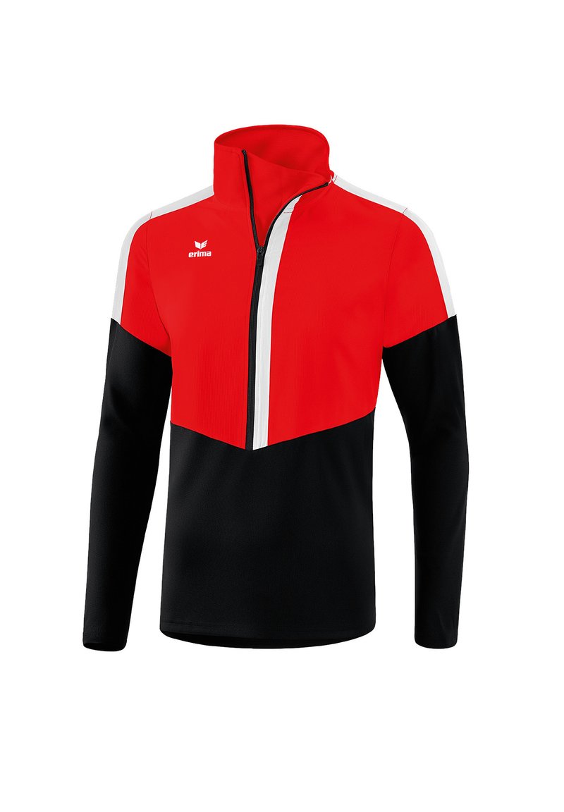 Rote und schwarze Sportjacke mit einem weißen Reißverschluss und Streifen, mit einem hohen Kragen und langen Ärmeln. Das Material wirkt glatt und leicht.