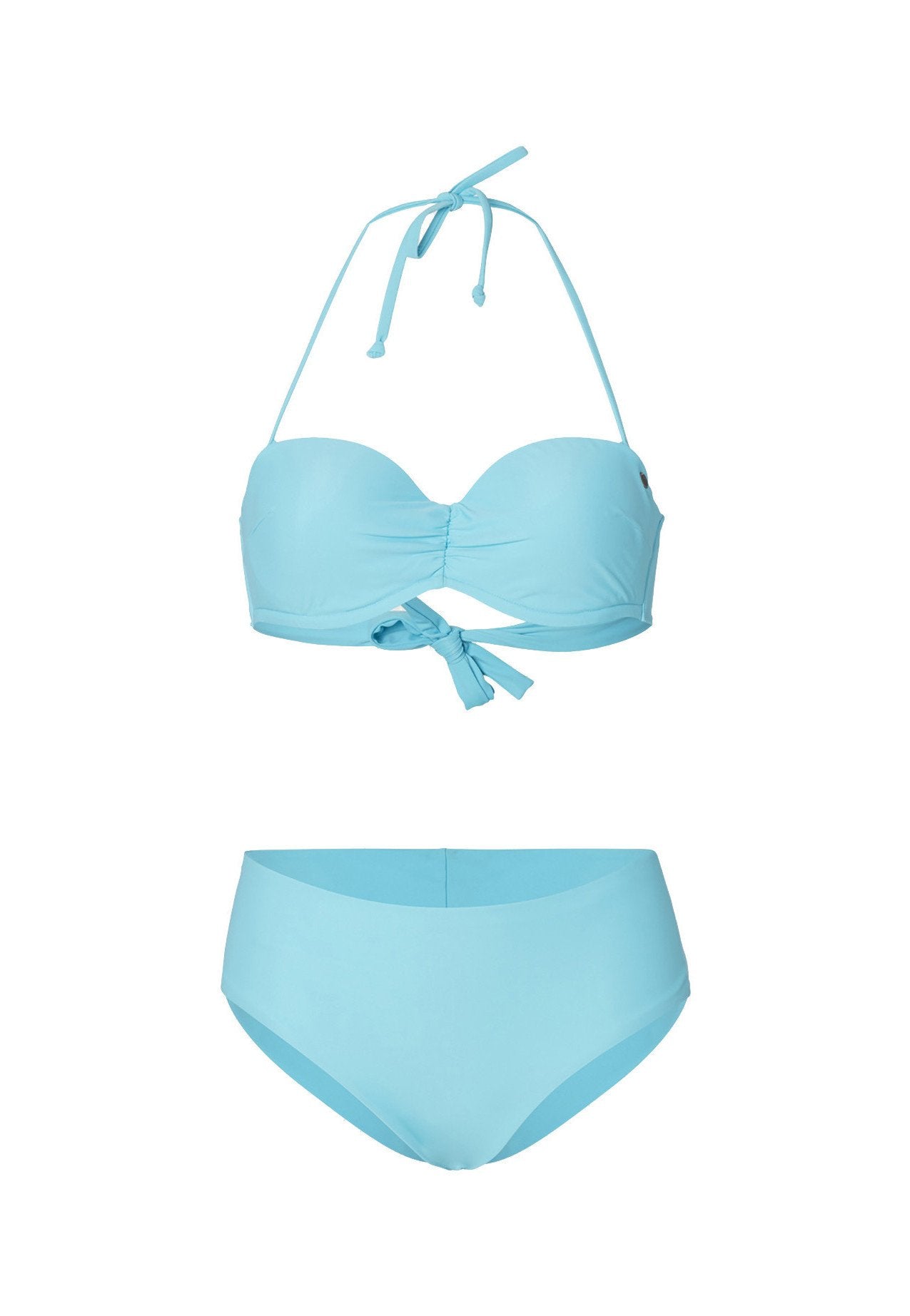 Helles blaues Bikini-Set mit einem Bandeau-Oberteil mit drehendem Vorderteil und Halterneck-Bändern, kombiniert mit hochgeschnittenen Bikini-Unterteilen.