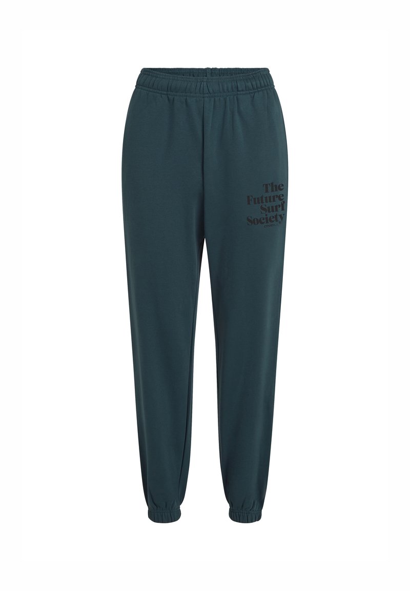 Grüne Jogginghose mit elastischem Bund und Bündchen. Das linke Bein ist mit schwarzem Drucktext "The Future Surf Society" versehen. Glatte Textur.