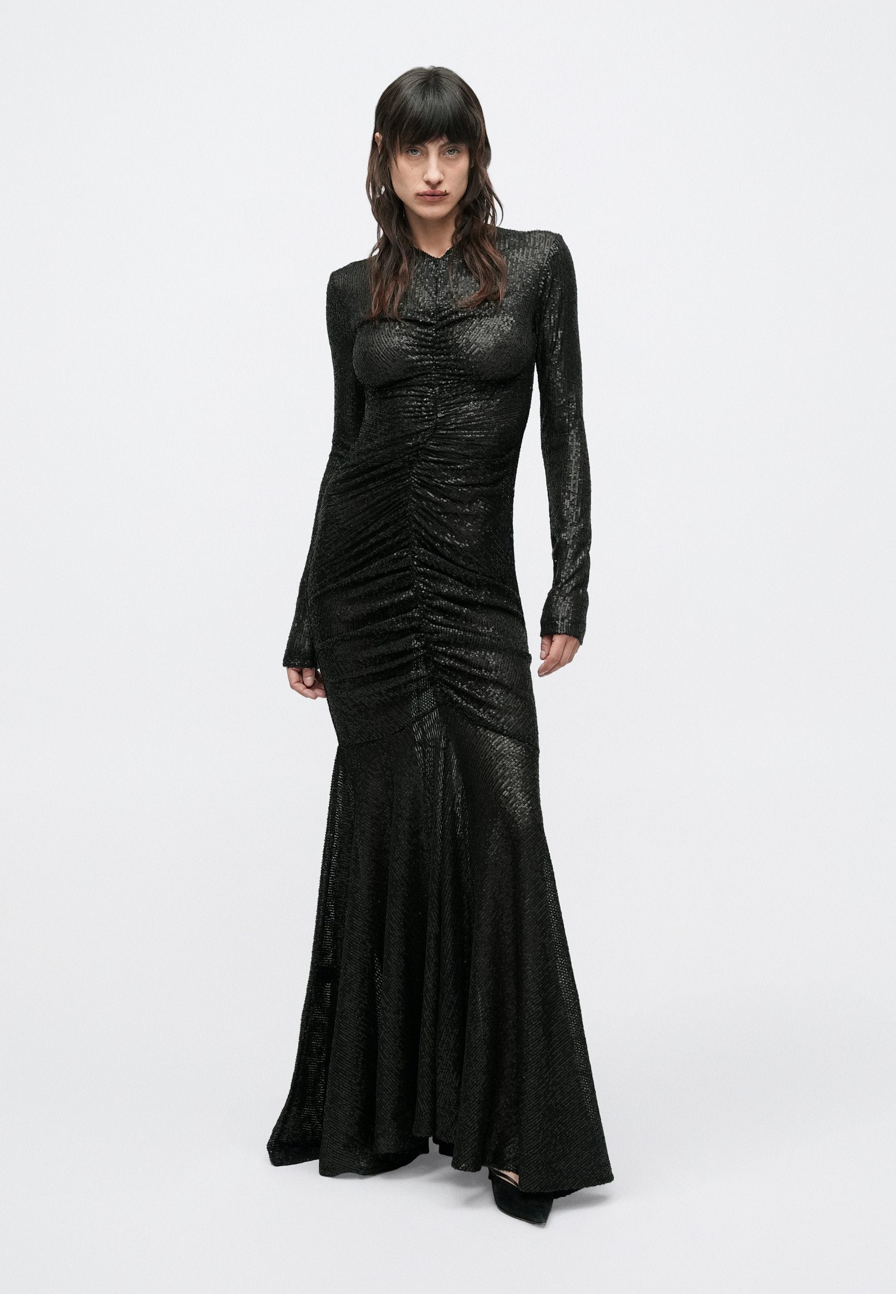 Norma Kamali LONG SLEEVE V NECK SHIRRED FRONT FISHTAIL GOWN