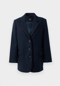 Marineblaues einreihiges Blazer mit Reverskragen, drei Knöpfen, zwei Klappentaschen und einer Brusttasche, innen gefüttert.