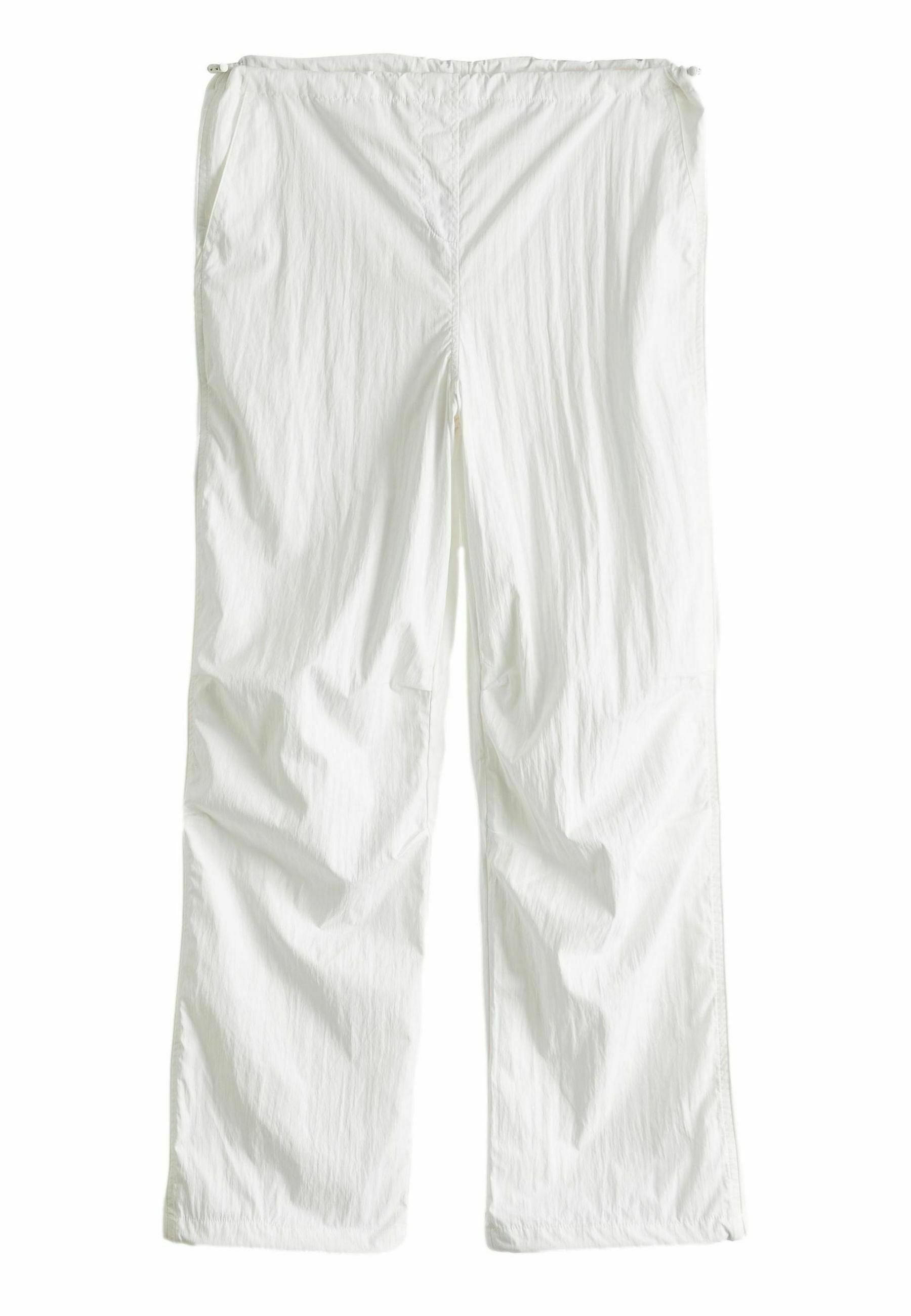 Weiße, leichte, locker sitzende Hose mit einer gewellten Textur. Verfügt über einen elastischen Bund und ein gerades Beinform-Design ohne Verzierungen.