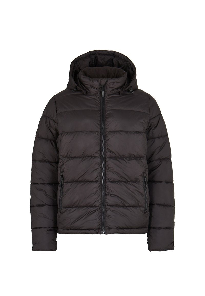 Schwarze, kapuzengetragene Daunenjacke mit gestepptem Design, Frontreißverschluss und zwei seitlichen Taschen mit einer glatten, matten Oberfläche.
