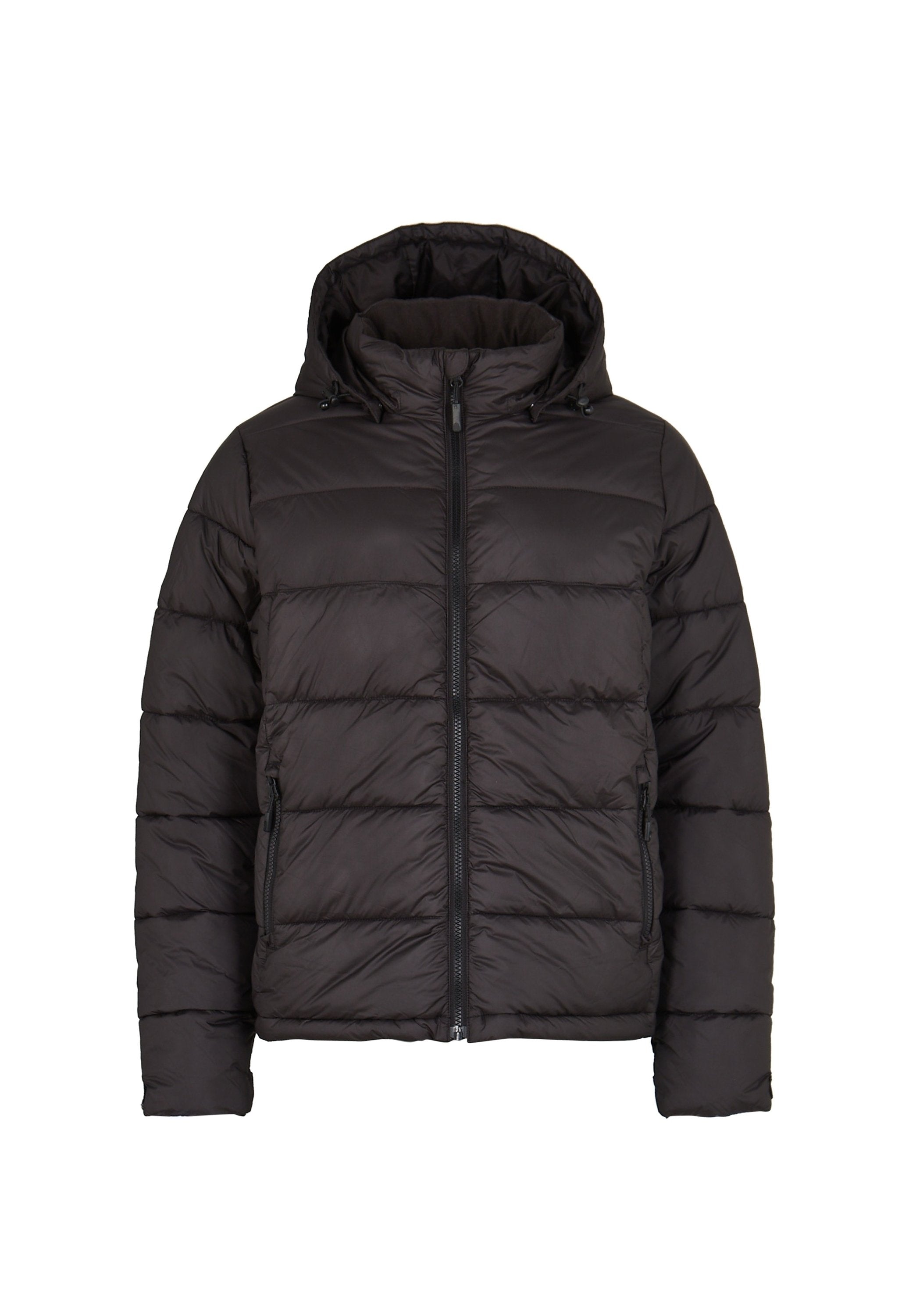 Schwarze, kapuzengetragene Daunenjacke mit gestepptem Design, Frontreißverschluss und zwei seitlichen Taschen mit einer glatten, matten Oberfläche.