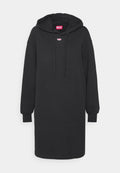 Schwarzes, übergroßes Hoodie-Kleid aus Baumwolle, mit einer Kängurutasche, langen Ärmeln und einem kleinen Logo auf der Brust.