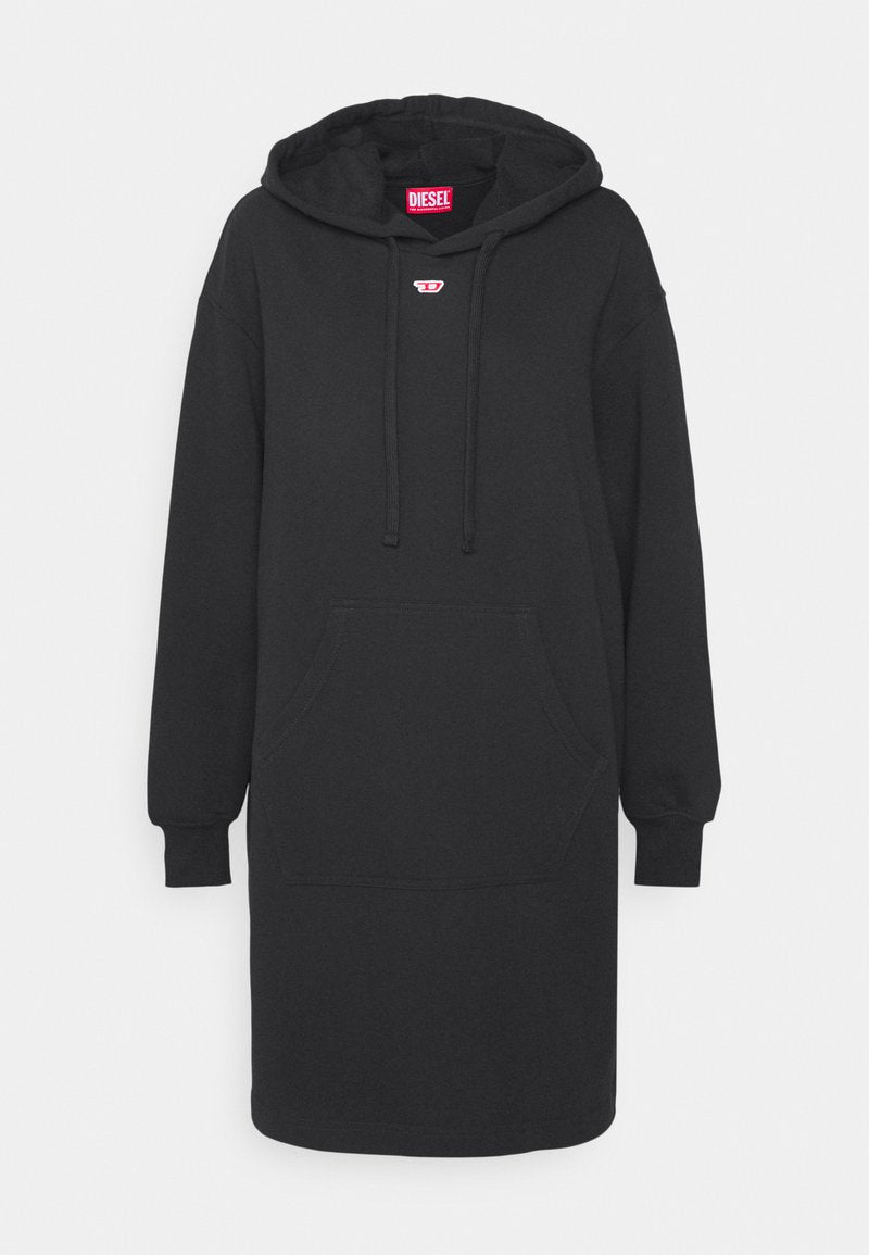 Schwarzes, übergroßes Hoodie-Kleid aus Baumwolle, mit einer Kängurutasche, langen Ärmeln und einem kleinen Logo auf der Brust.
