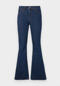 Dunkelblaue Jeans mit engem Bund und ausgestellten Beinen, ausgestattet mit Fronttaschen und sichtbaren, kontrastierenden Nähten.