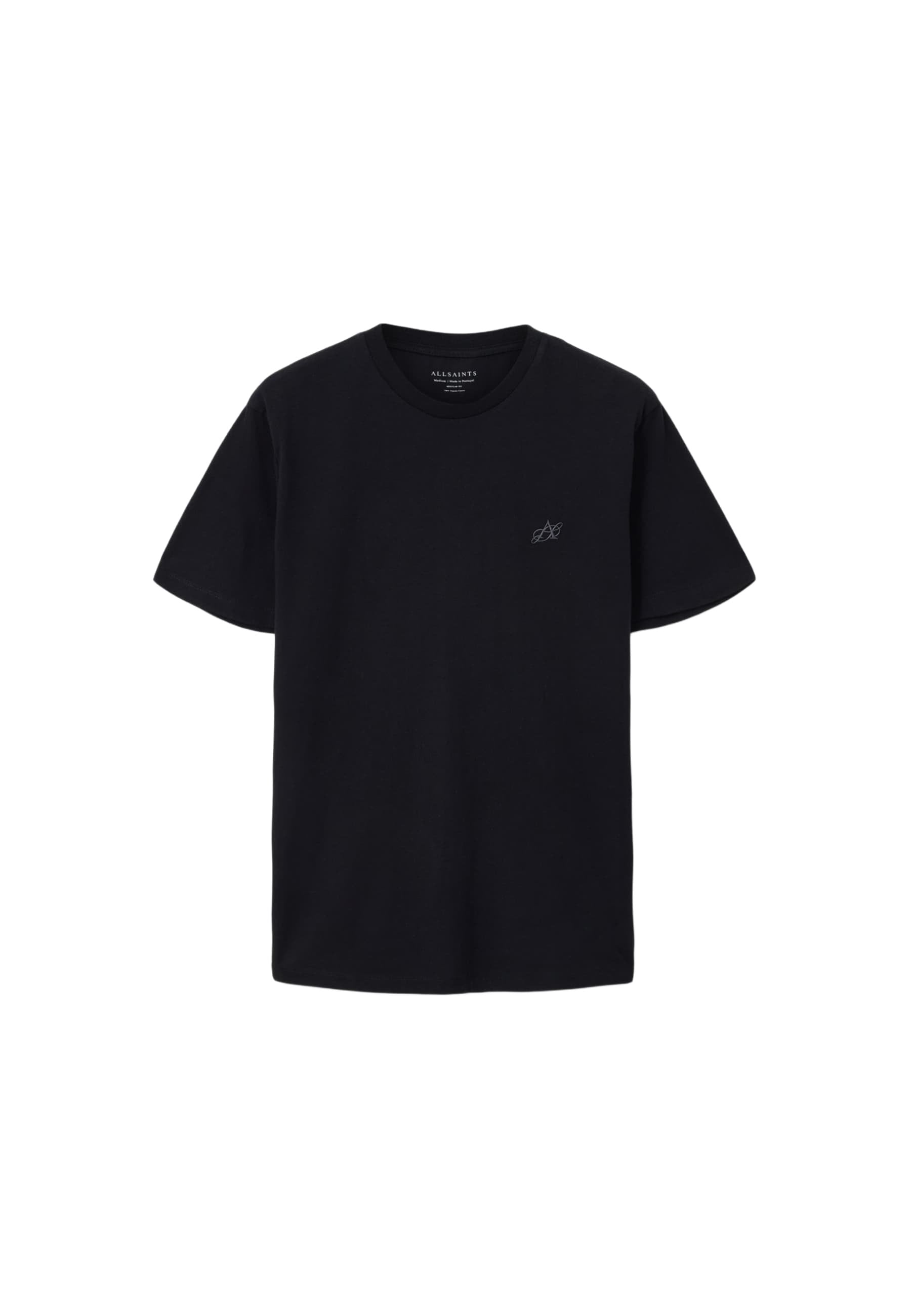 Schwarzes kurzärmeliges T-Shirt aus Baumwolle mit Rundhalsausschnitt. Verfügt über ein kleines, dezentes Logo auf der linken Brustseite. Glatte Textur.