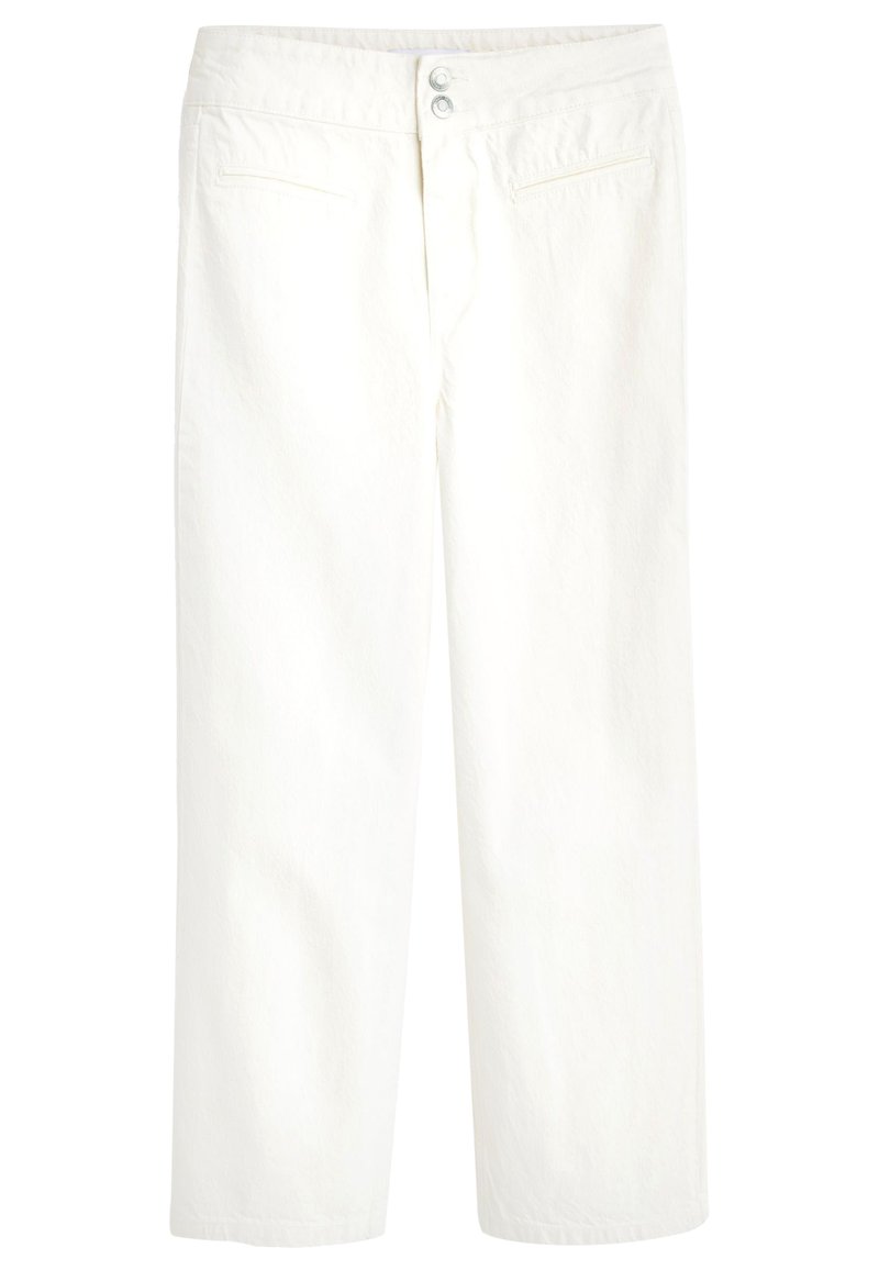 Weisse Baumwoll-Hosen mit weitem Bein, zwei Fronttaschen, einem Doppelknopfverschluss und einer leicht strukturierten Oberfläche. Sauberes und simples Design.