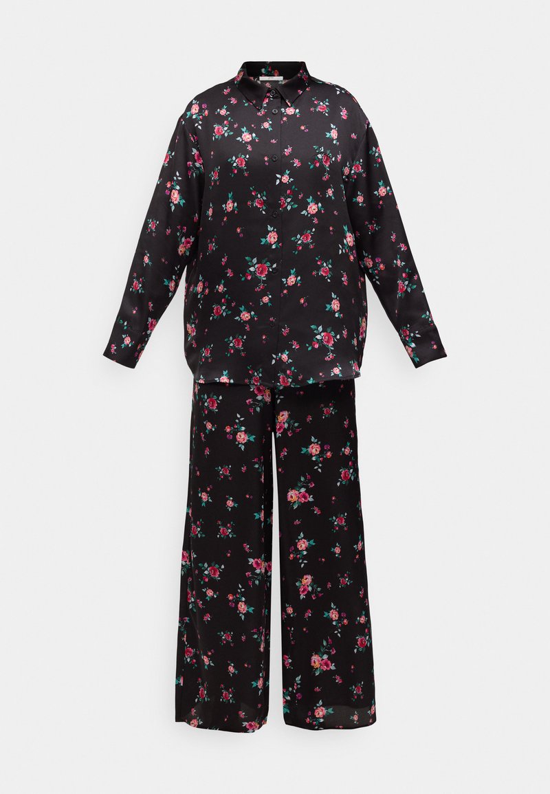 Schwarzes Freizeitkleidungsset mit Blumenmuster, bestehend aus einem langärmeligen Oberteil mit Knöpfen und einer weit geschnittenen Hose, beide mit einem zarten Rosenmuster in Rosa und Grün.