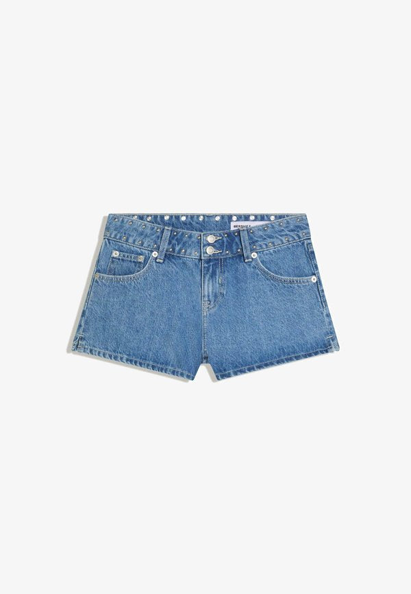 Bershka PRINTED BERMUDA SHORTS - Denim shorts - blue denim