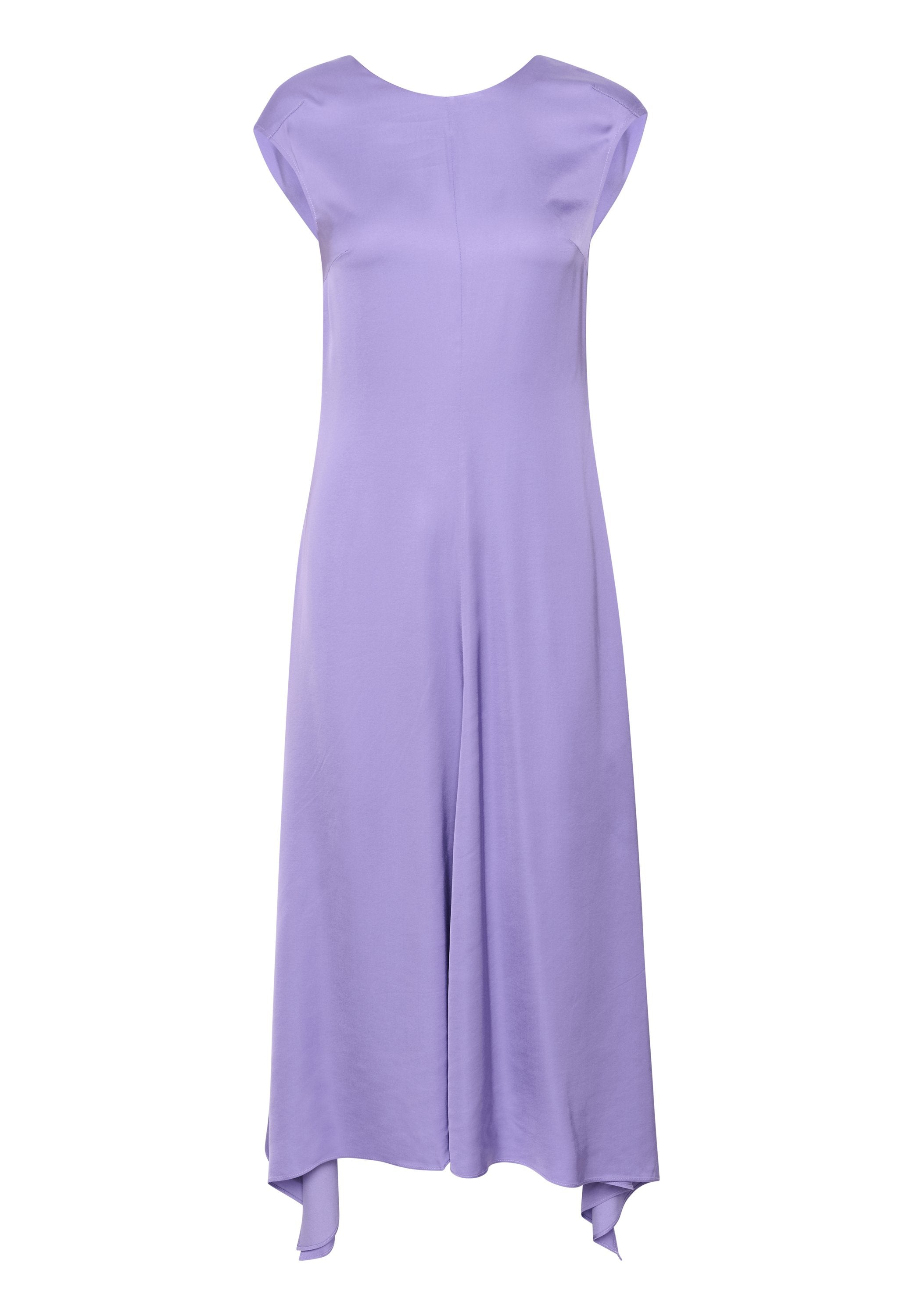 Lavendelfarbenes ärmelloses Jumpsuit mit rundem Ausschnitt, fließendem Stoff, weitem Bein und asymmetrischem Saum, das eine glatte, weiche Textur bietet.