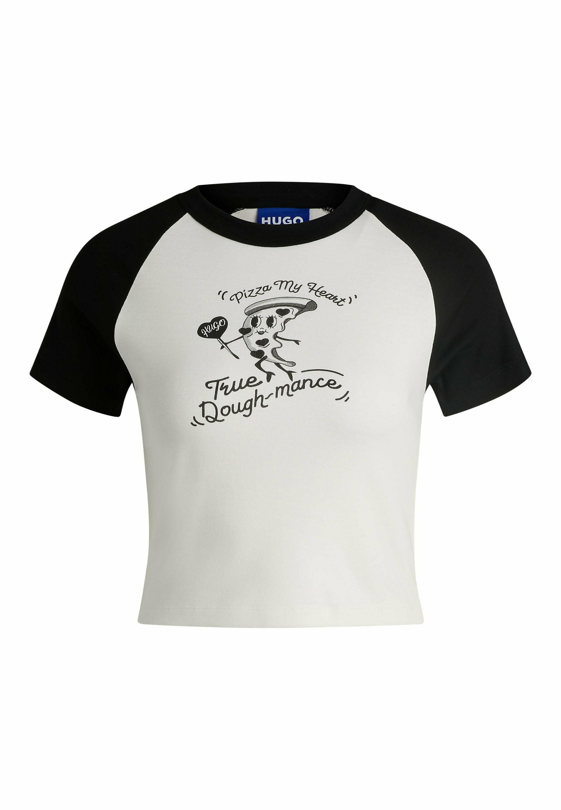 Cropped T-Shirt aus Baumwollmischung mit schwarzen Raglan-Ärmeln. Mit einem Cartoon-Grafik eines lächelnden Pizzastücks und dem Text "Pizza My Heart".