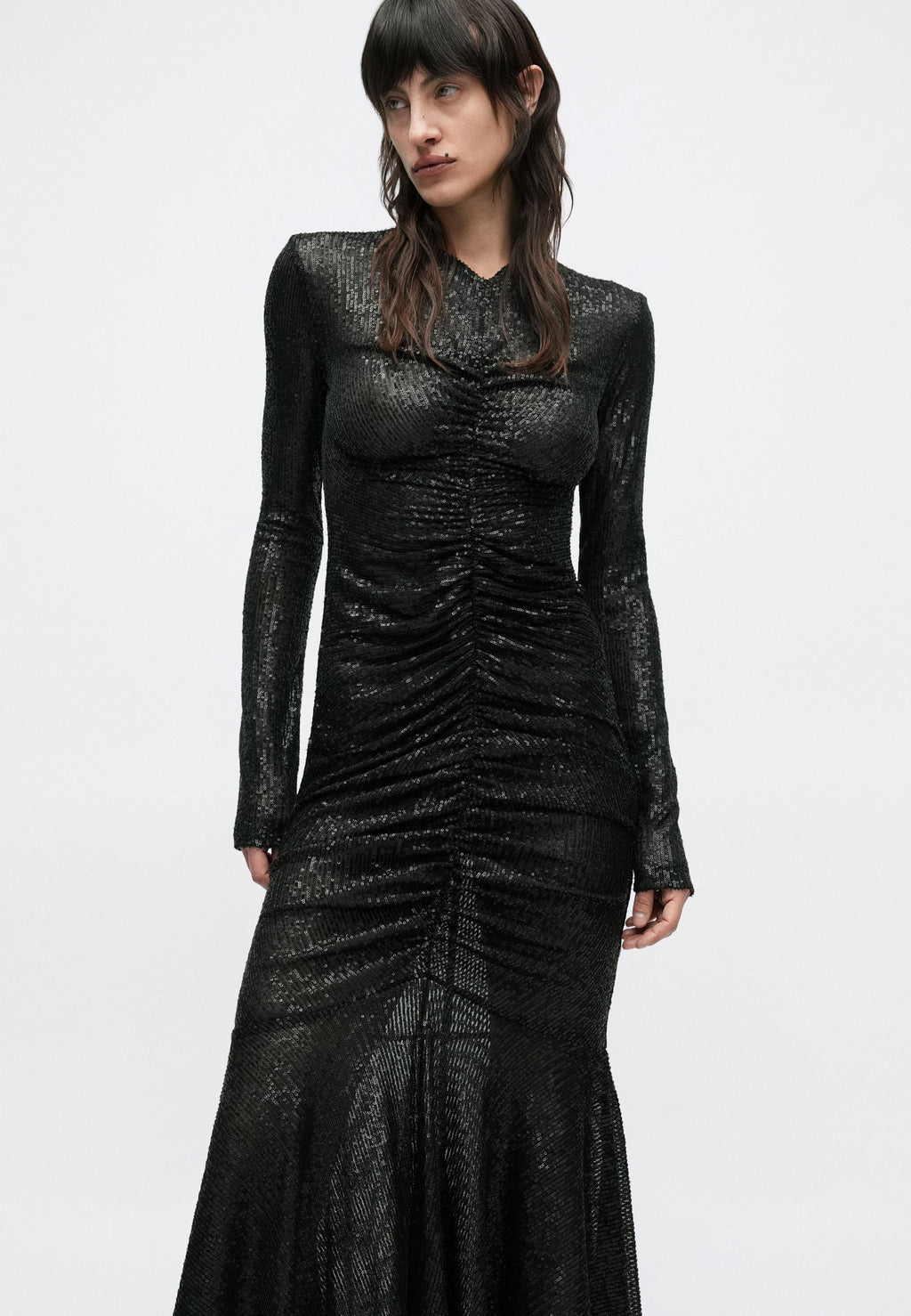 Norma Kamali LONG SLEEVE V NECK SHIRRED FRONT FISHTAIL GOWN