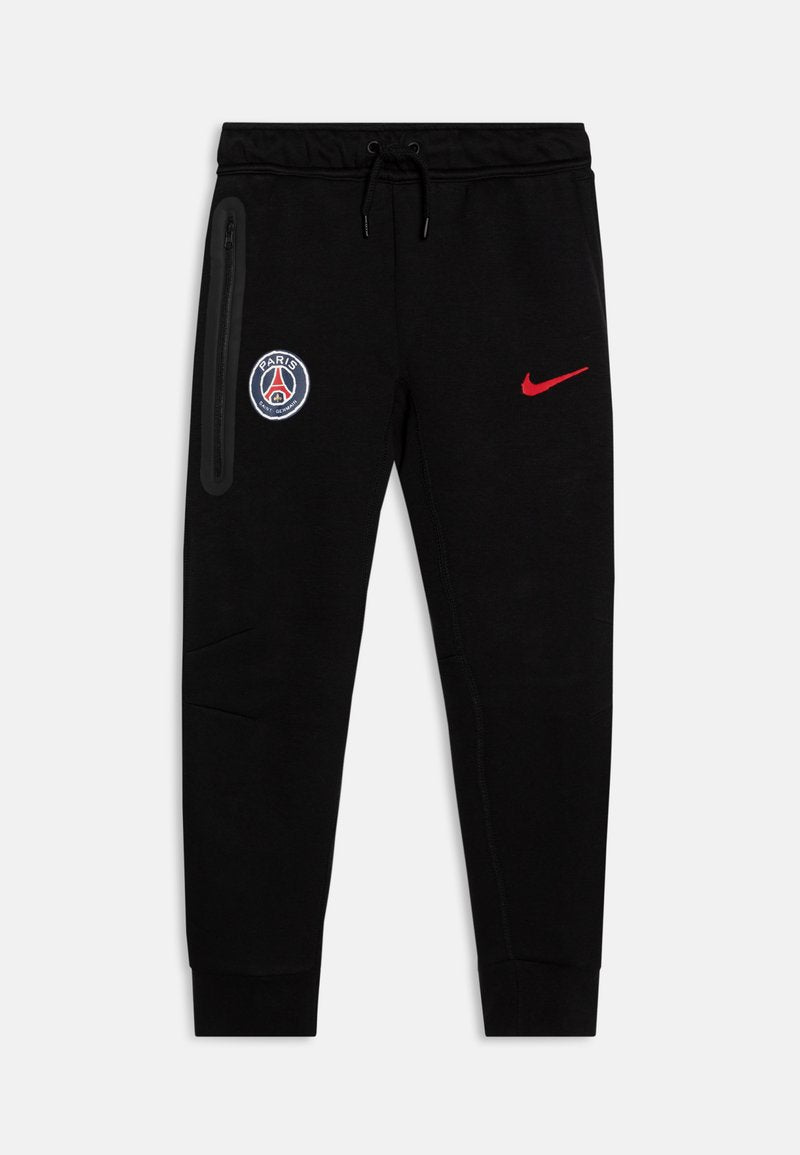 Schwarze Fleece-Jogginghosen mit schmalem Schnitt. Mit Reißverschlusstasche, rotem Nike-Logo und gesticktem blauen Paris Saint-Germain-Wappen.