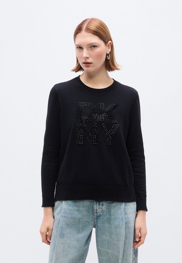 DKNY STACKED RHINESTONE EMBELLISHED LOGO LONG SLEEVE CREW NECK SWEATER