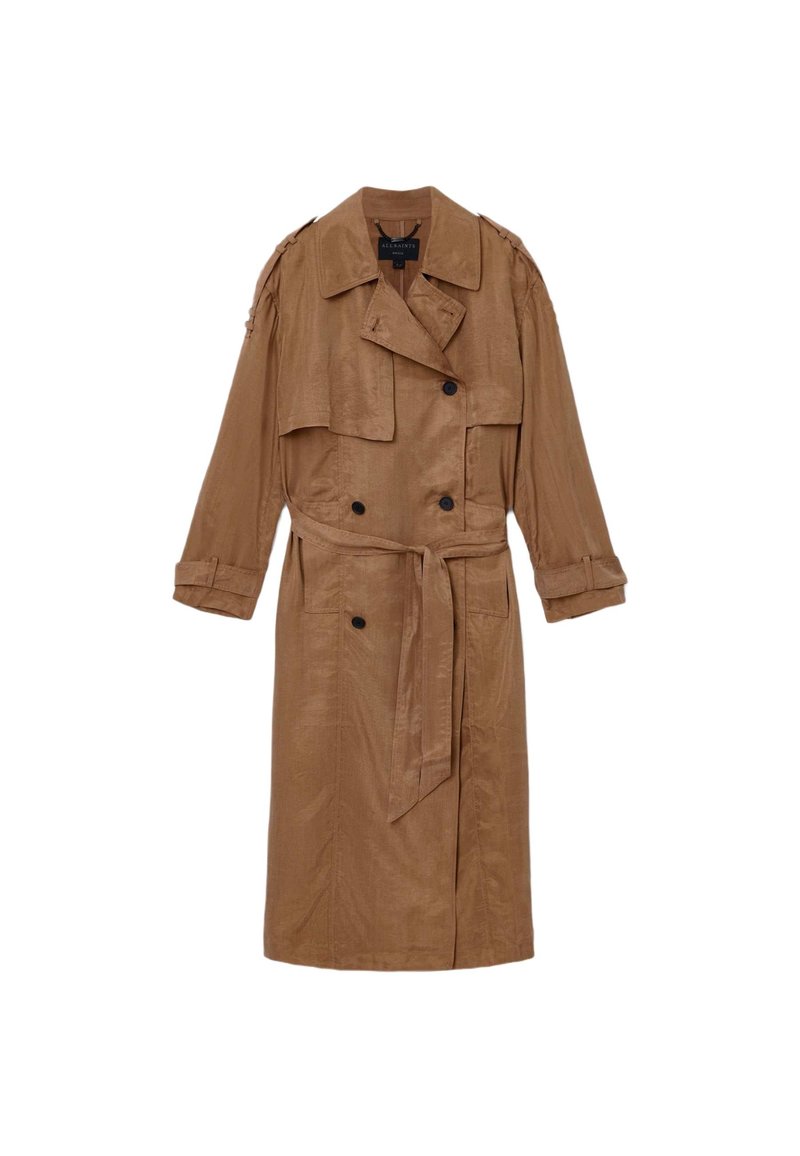 Brauner Leinen-Trenchcoat mit doppelt geknöpftem Design, Schulterklappen und einem passenden Gürtel, ausgestattet mit zwei Fronttaschen und umgeschlagenen Ärmeln.