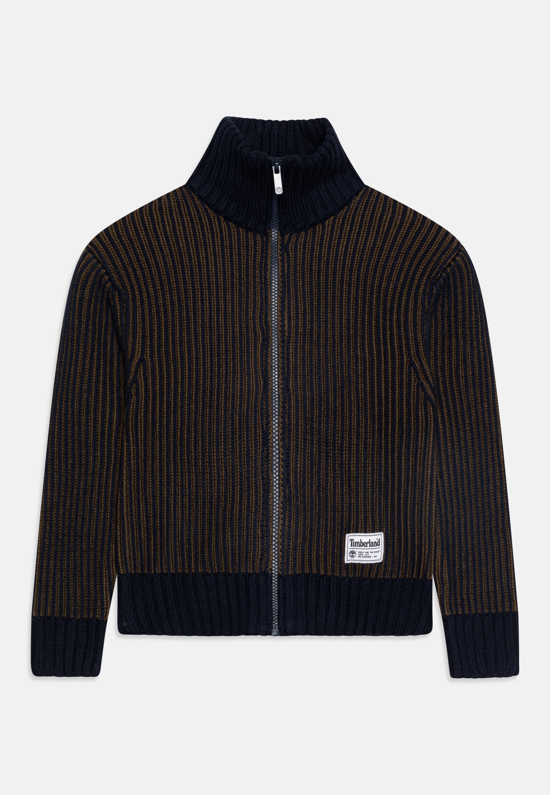 Gestrickte Zip-Jacke in dunkelblau mit braunen vertikalen Streifen, ausgestattet mit einem hohen Kragen und gerippten Bündchen, mit einem Timberland-Logo-Patch.