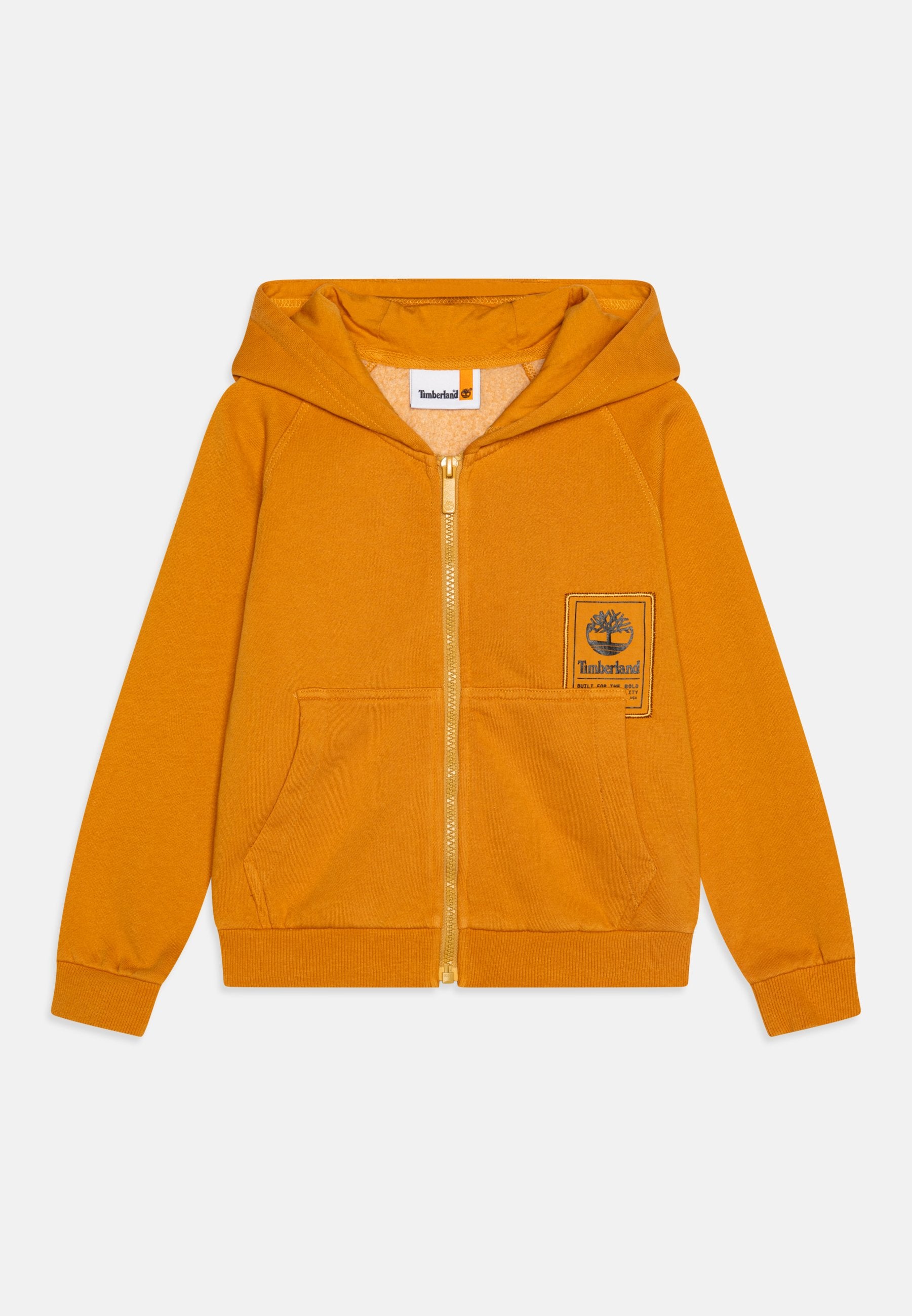 Oranger Reißverschluss-Hoodie mit Kängurutasche, gerippten Bündchen und einem Logopatch auf der linken Brust. Weicher Stoff mit glatter Textur.