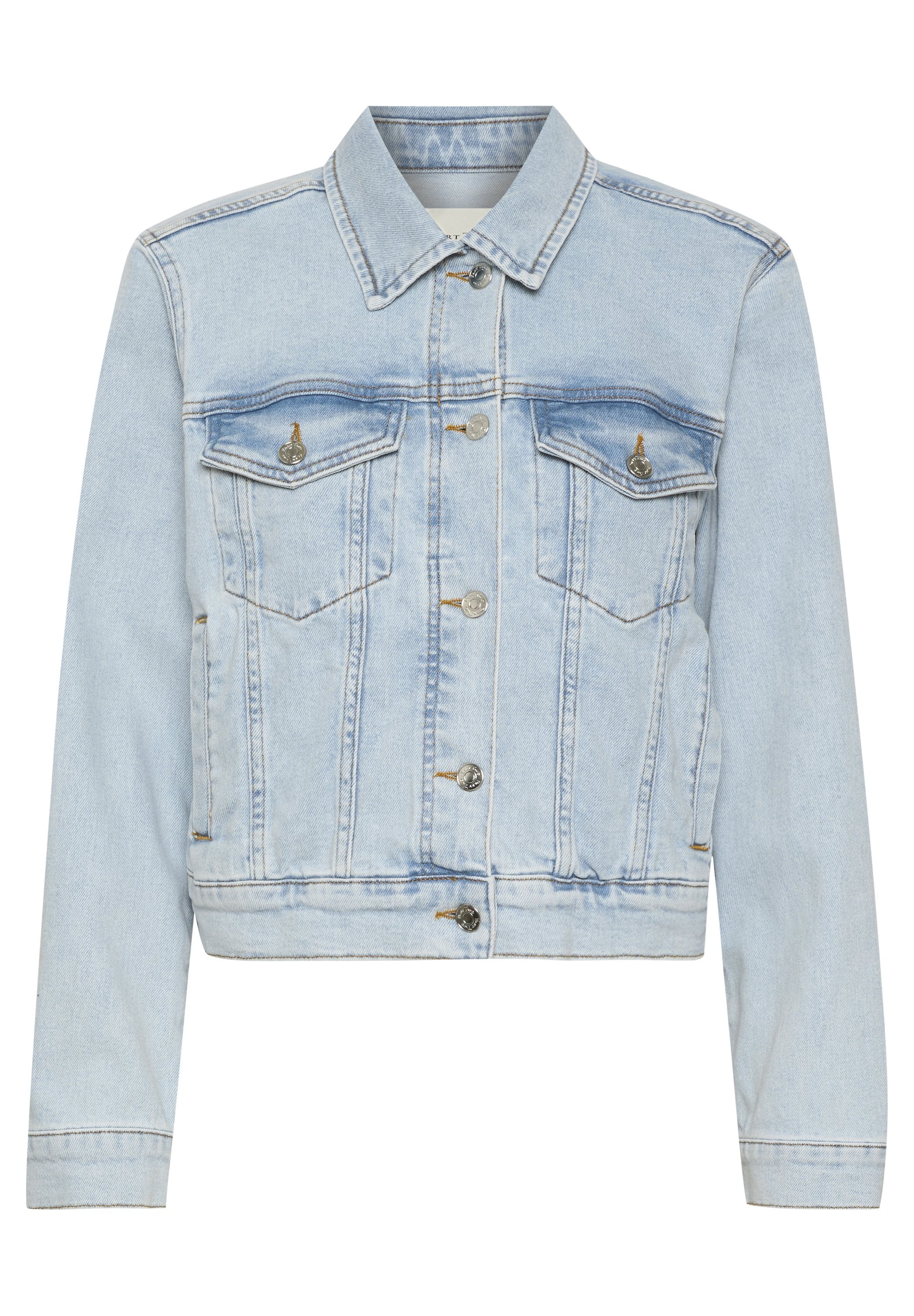Hellblaues Denim-Jackett mit taillierter Passform, zwei Brusttaschen, silbernen Knöpfen und einem klassischen Kragen. Strukturiertes Stofffinish.