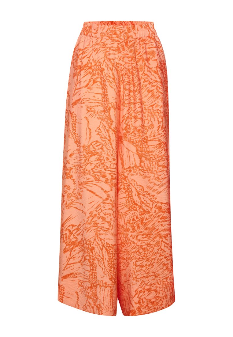 Weite Hosen aus leichtem orangefarbenem Stoff mit einem strukturierten Blumenmuster in dunklerem Orange. Elastischer Bund für Komfort und Bequemlichkeit.