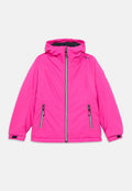 Rosa isolierte Jacke mit Kapuze, Frontreißverschluss und zwei Seitentaschen. Ausgestattet mit schwarzen Reißverschlüssen und verstellbaren Bündchen. Glattes, leichtes Material.