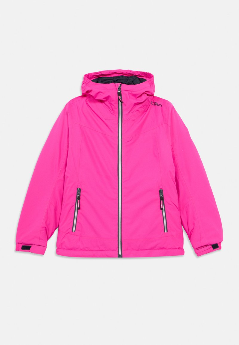Rosa isolierte Jacke mit Kapuze, Frontreißverschluss und zwei Seitentaschen. Ausgestattet mit schwarzen Reißverschlüssen und verstellbaren Bündchen. Glattes, leichtes Material.