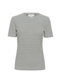 Schwarz-weißer gestreifter Kurzarm-T-Shirt mit Rundhalsausschnitt. Hergestellt aus weichem Stoff mit einer taillierten Passform und einem Etikett am Kragen.