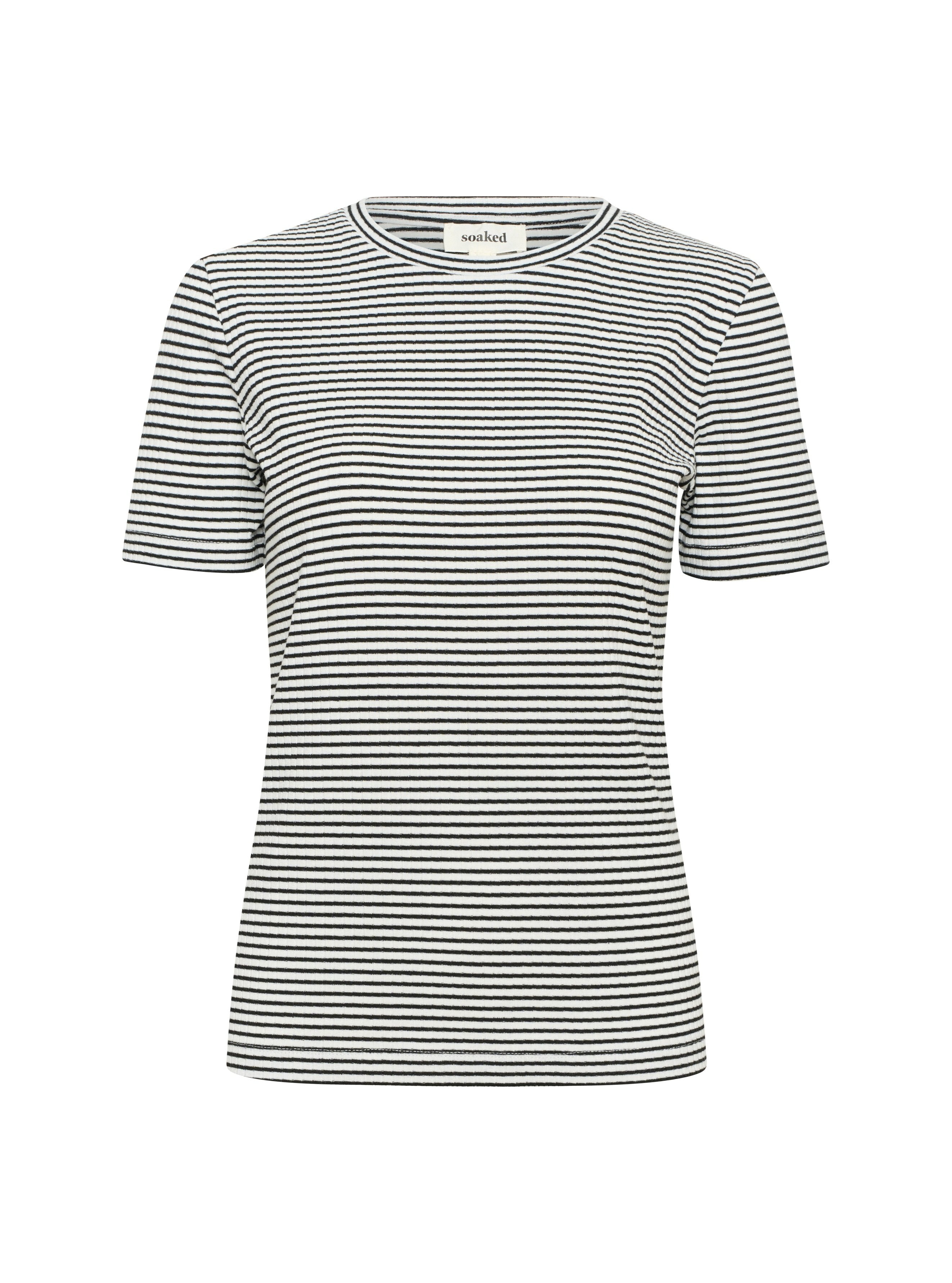 Schwarz-weißer gestreifter Kurzarm-T-Shirt mit Rundhalsausschnitt. Hergestellt aus weichem Stoff mit einer taillierten Passform und einem Etikett am Kragen.