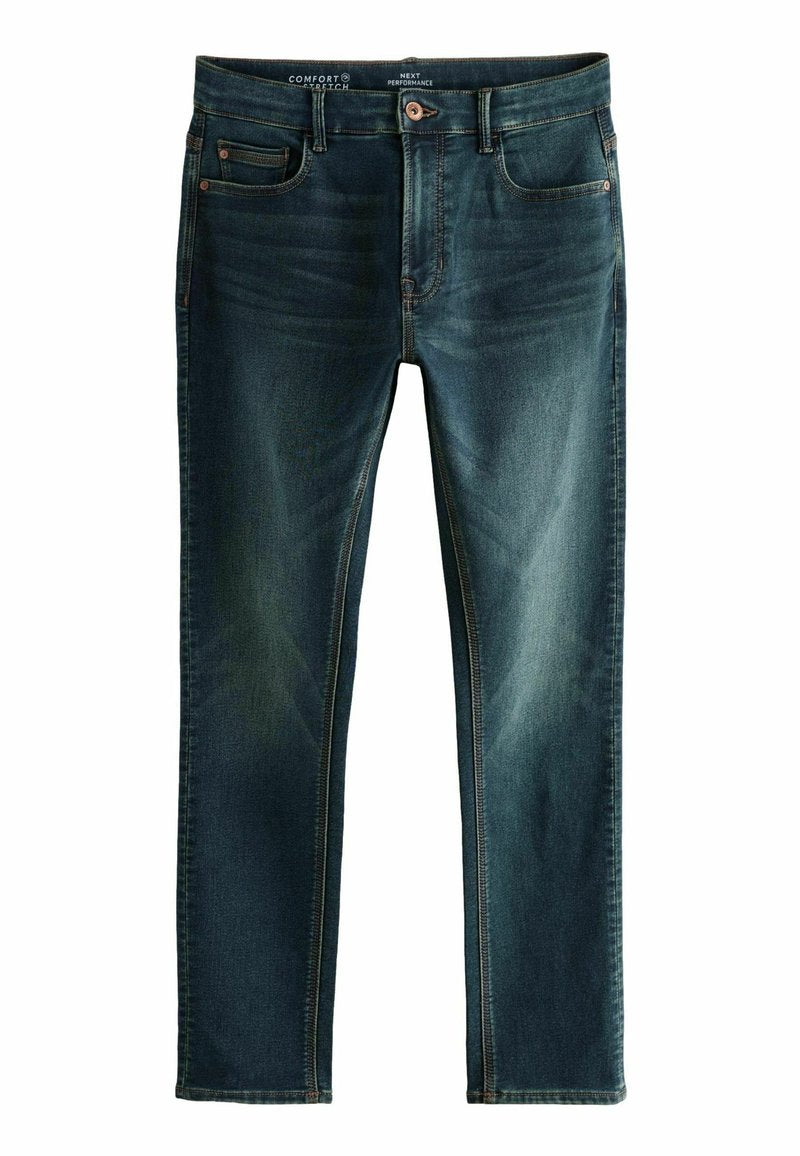 Dunkelblaue Denim-Jeans im Slim Fit, mit fünf Taschen, kontrastierenden orangefarbenen Nähten und einer glatten Textur.