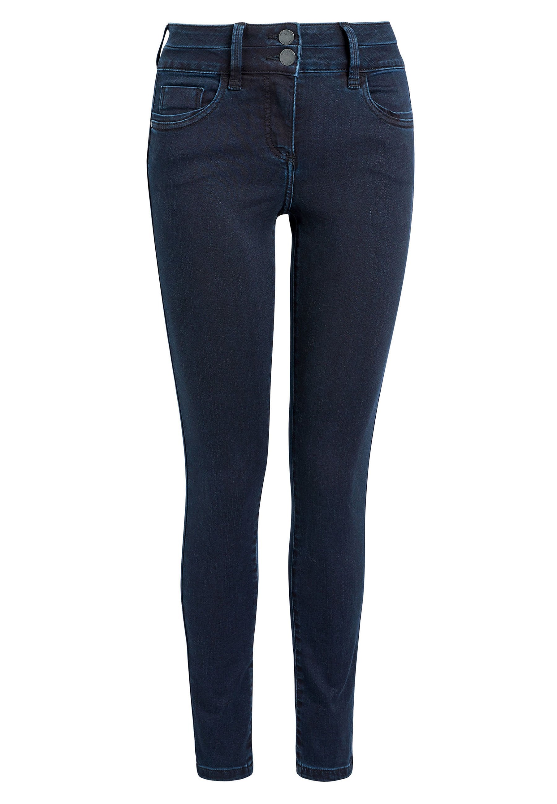 Dunkle Denim Skinny Jeans mit glatter Oberfläche, zwei Knöpfen, Fronttaschen und schmalem Schnitt entlang der Beine.
