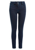 Dunkle Denim Skinny Jeans mit glatter Oberfläche, zwei Knöpfen, Fronttaschen und schmalem Schnitt entlang der Beine.