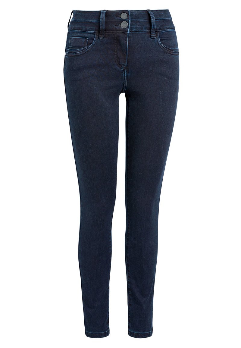 Dunkle Denim Skinny Jeans mit glatter Oberfläche, zwei Knöpfen, Fronttaschen und schmalem Schnitt entlang der Beine.