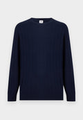 Marineblauer, gerippter Strickpullover mit Rundhalsausschnitt, versehen mit dezenten vertikalen Zopfmustern sowie gerippten Bündchen an Ärmeln und Saum.