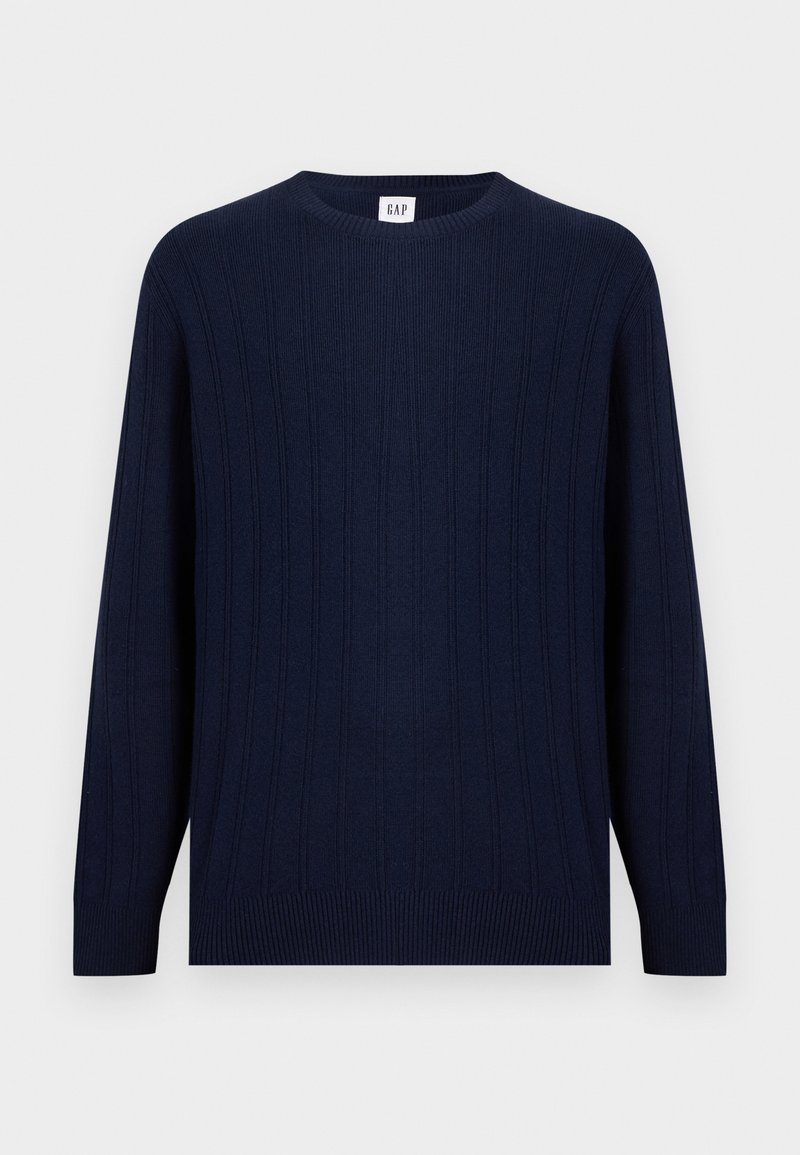 Marineblauer, gerippter Strickpullover mit Rundhalsausschnitt, versehen mit dezenten vertikalen Zopfmustern sowie gerippten Bündchen an Ärmeln und Saum.