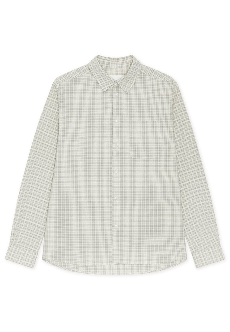 Langärmeliges Hemd mit Knopfleiste, beige und hellgrauem kleinen Kariermuster und klassischem Kragen.