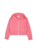 Rosa verkürzter Hoodie mit einem Frontreißverschluss, einer Kapuze mit Kordelzug, strukturiertem Blumenmuster und gerippten Bündchen und Saum. Zwei Fronttaschen.