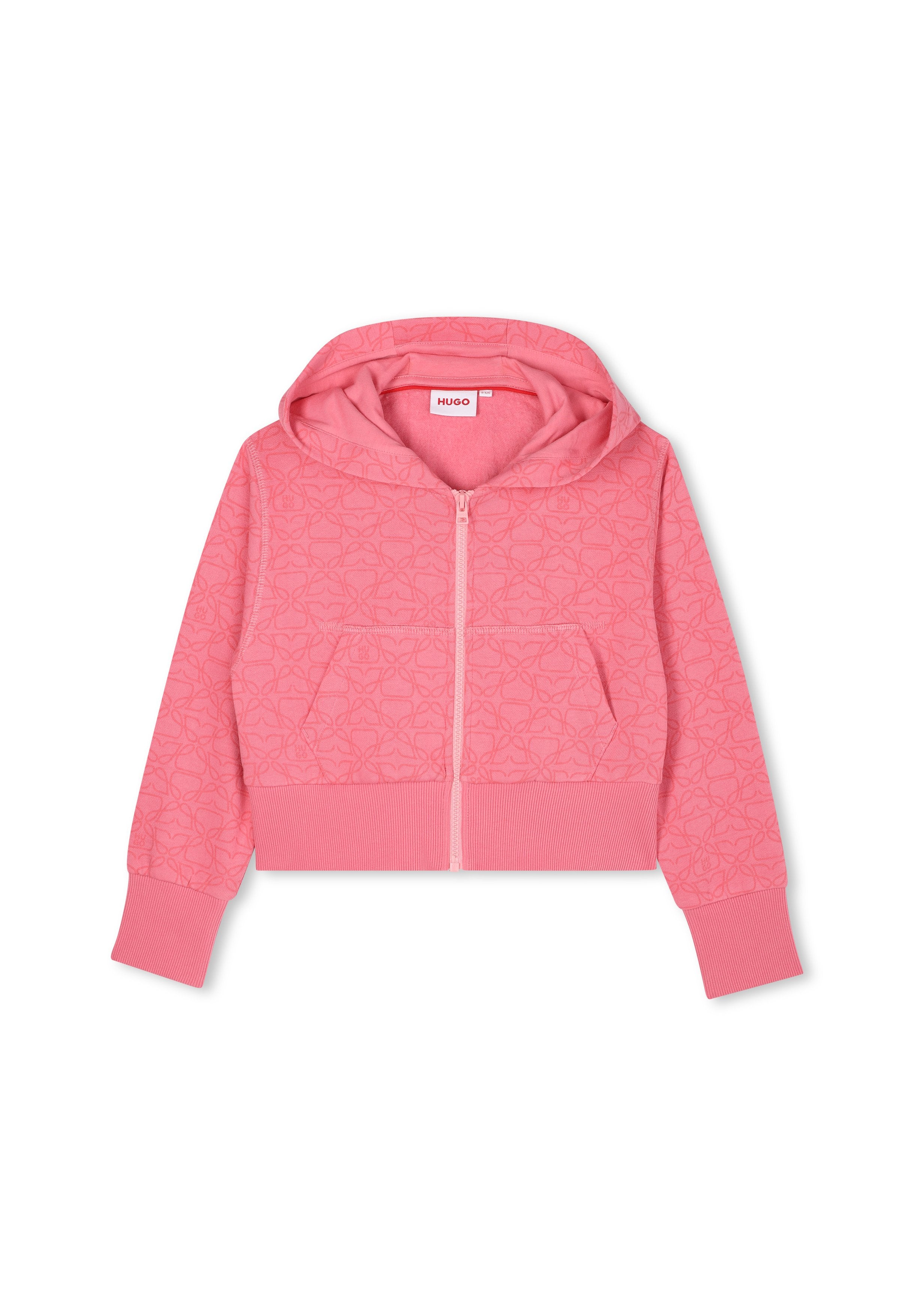 Rosa verkürzter Hoodie mit einem Frontreißverschluss, einer Kapuze mit Kordelzug, strukturiertem Blumenmuster und gerippten Bündchen und Saum. Zwei Fronttaschen.