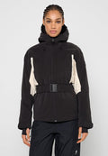 Schwarz-cremefarbene gesteppte Jacke mit hohem Kragen, verstellbarem Gürtel, Reißverschluss vorne und langen Ärmeln. Mit strukturiertem Stoff und kontrastierenden Farben.