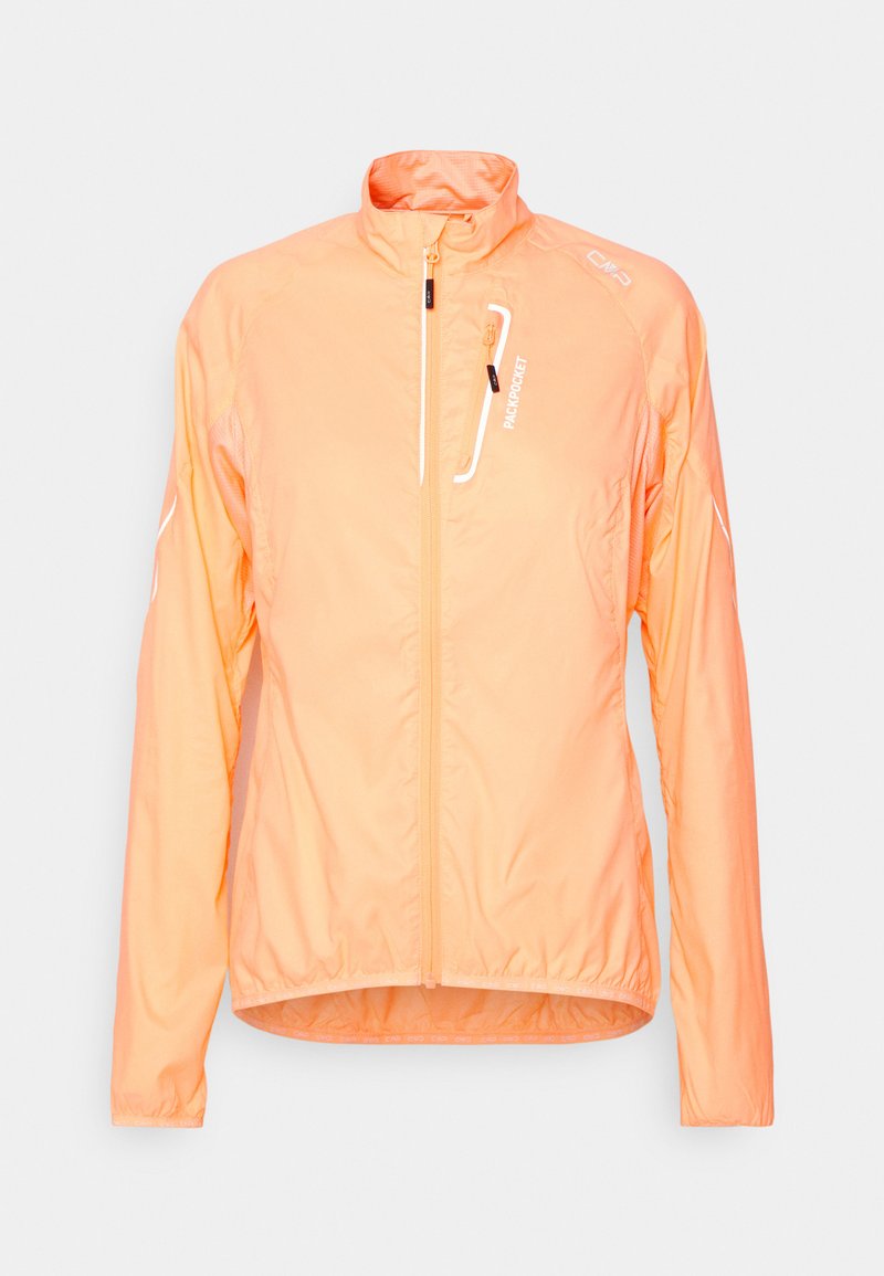 Leichte, orange Windjacke mit hohem Kragen, durchgehendem Reißverschluss und reflektierenden Akzenten. Hergestellt aus glattem, atmungsaktivem Material.