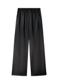 Schwarze, weite Hosen aus glattem Stoff mit einem elastischen Bund und Kordelzug. Enthält seitliche Taschen.
