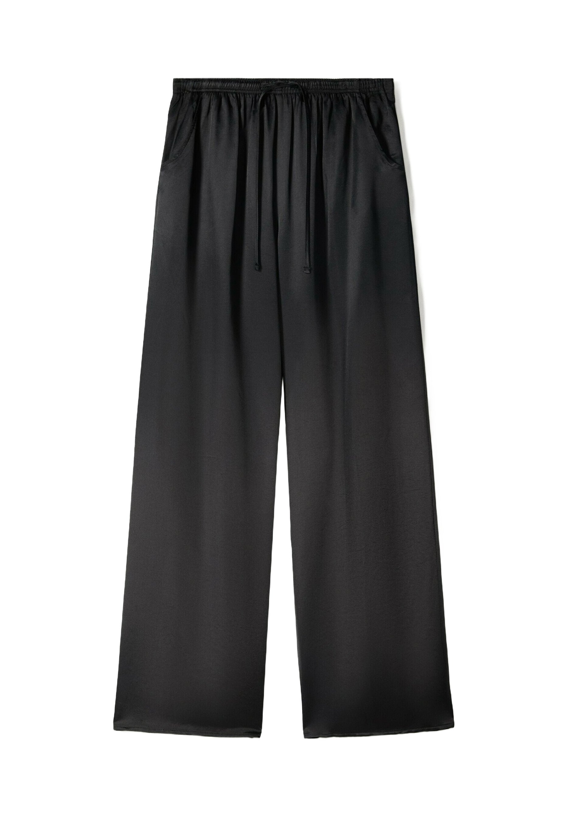 Schwarze, weite Hosen aus glattem Stoff mit einem elastischen Bund und Kordelzug. Enthält seitliche Taschen.