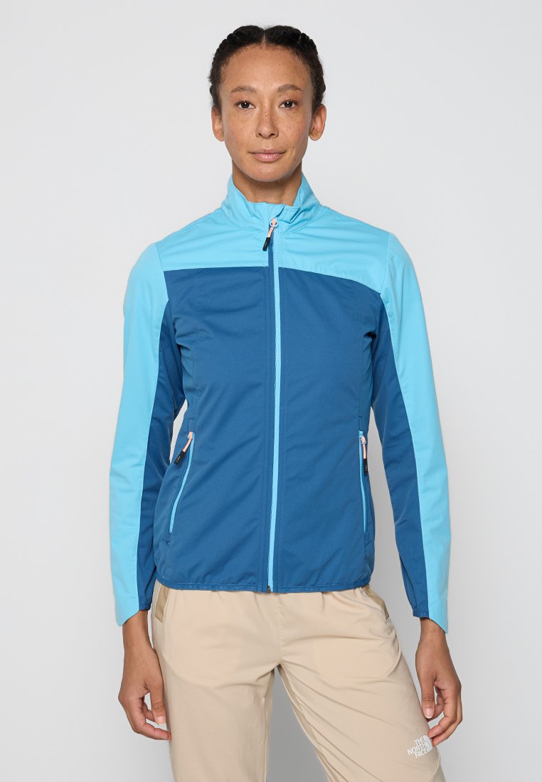 Blau und hellblaue Windbreaker-Jacke mit durchgehendem Reißverschluss, hohem Kragen und zwei seitlichen Taschen. Hergestellt aus leichtem, glattem Stoff.