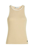 Beiger, gerippter Tanktop mit weißem Besatz. Es hat eine figurbetonte Silhouette und ein kleines Logodetail am Saum. Die strukturierte Stoffoberfläche verbessert den Halt.