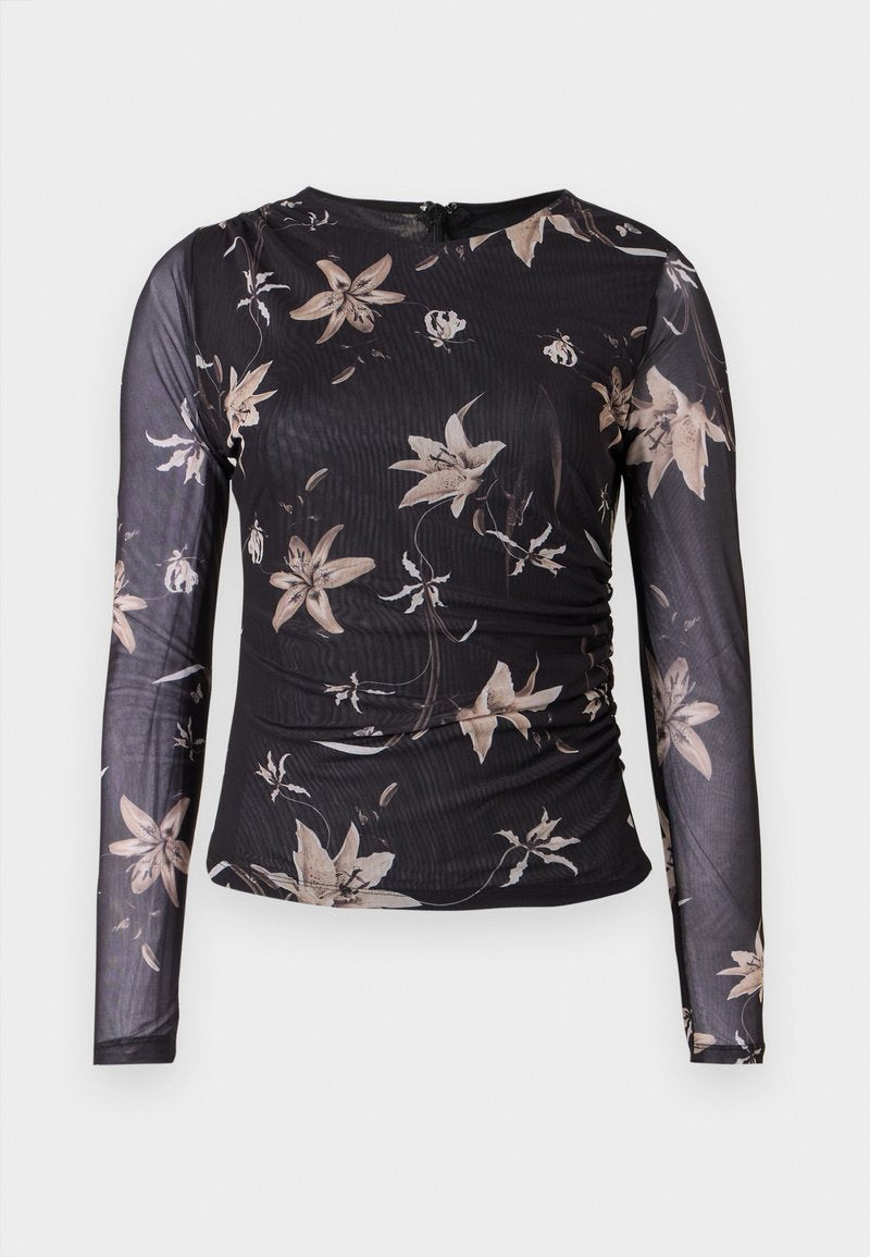 Schwarzes Langarmoberteil mit floraler Druck in Beige und Creme. Verfügt über ein gerafftes Design und einen Reißverschluss auf der Rückseite. Hergestellt aus einem transparenten, strukturierten Stoff.