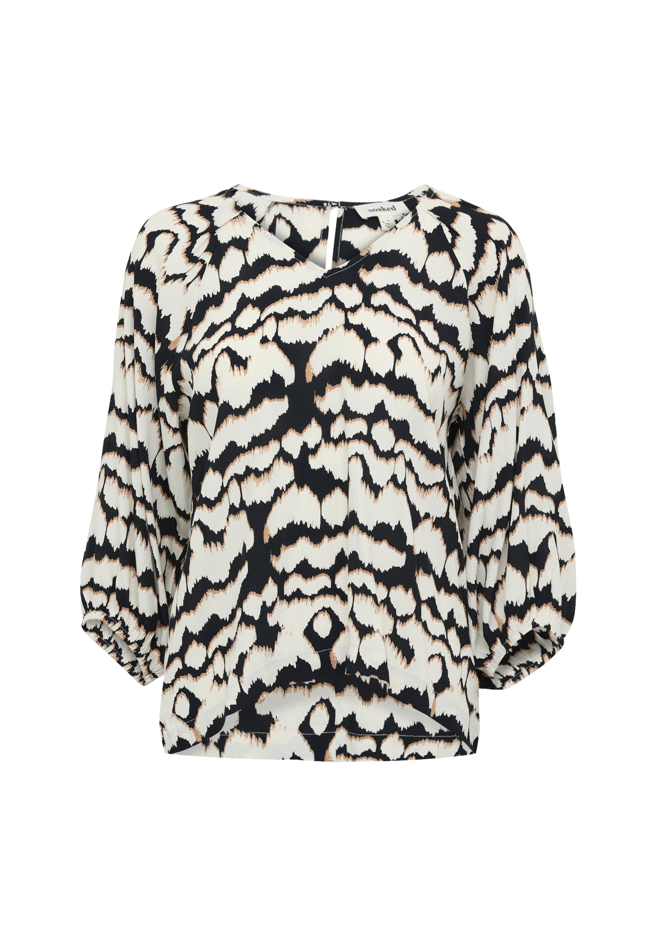 Schwarz-weiße Bluse mit einem Leopardenmuster, Rundhalsausschnitt und drei viertel Puffärmeln. Hergestellt aus leichtem Stoff.