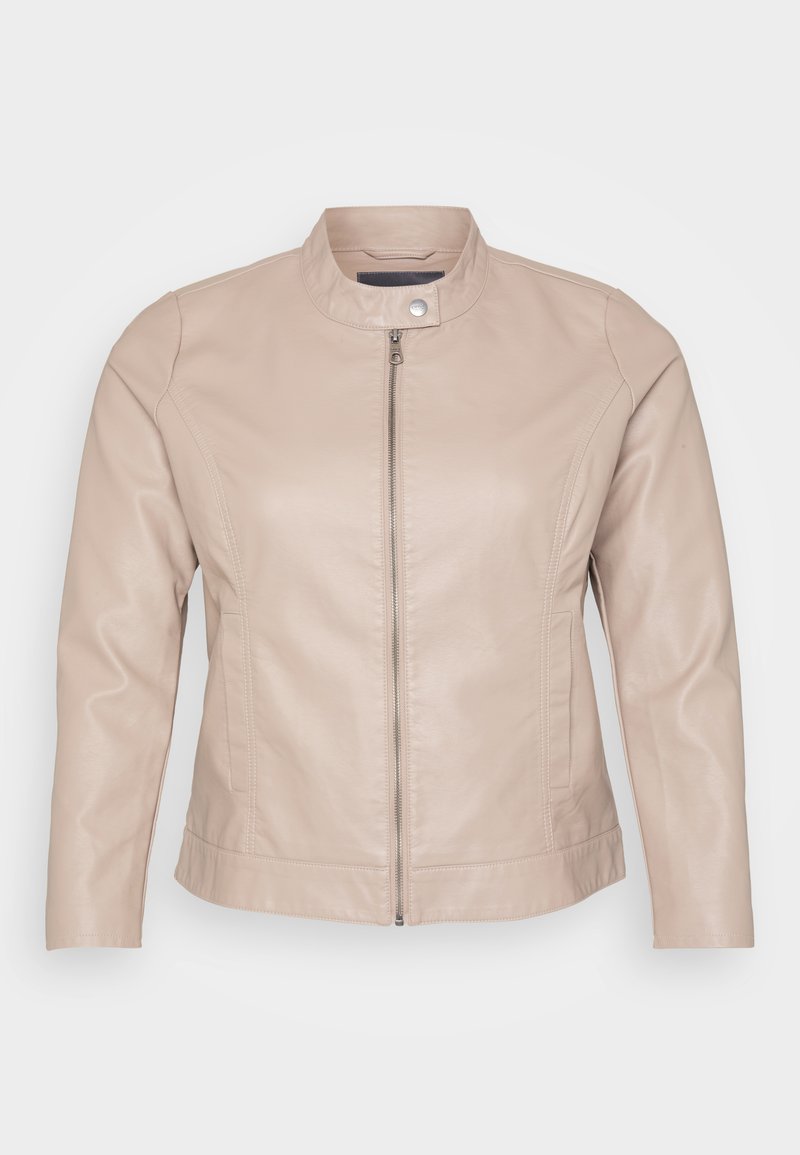 Beige Lederjacke mit rundem Kragen, vorne mit Reißverschluss, seitlichen Taschen und glatter Textur. Taillierte Passform und minimalistisches Design.